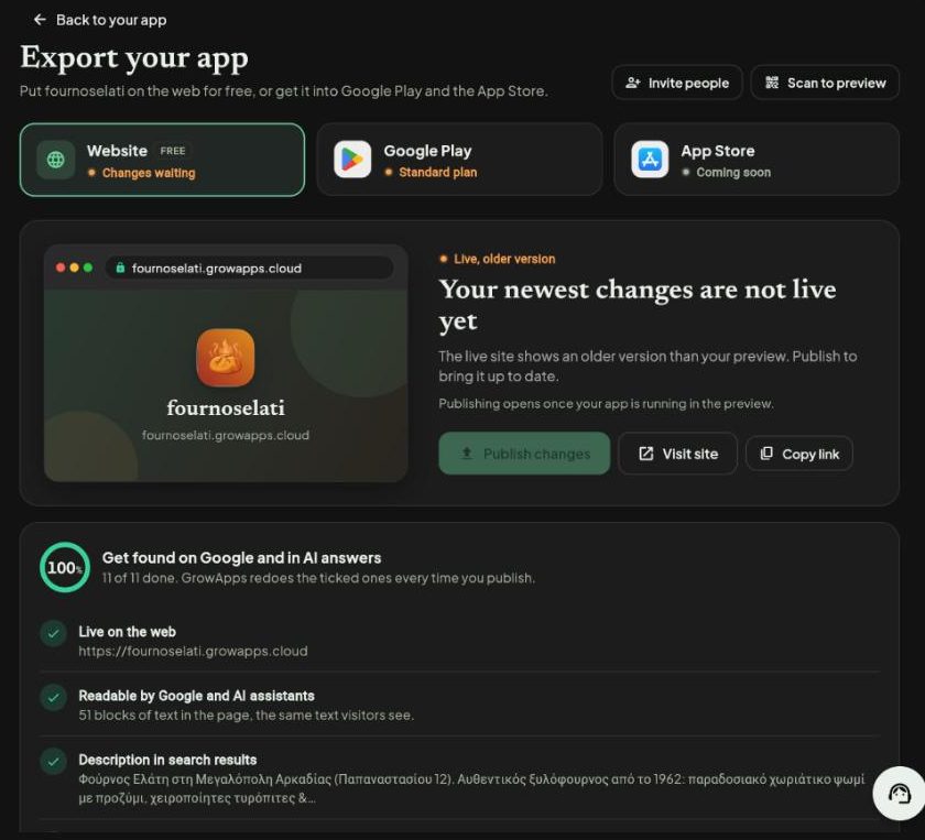 The Website page in Export with the Get found on Google and in AI answers checklist at 100 percent: Live on the web, Readable by Google and AI assistants, Description in search results.