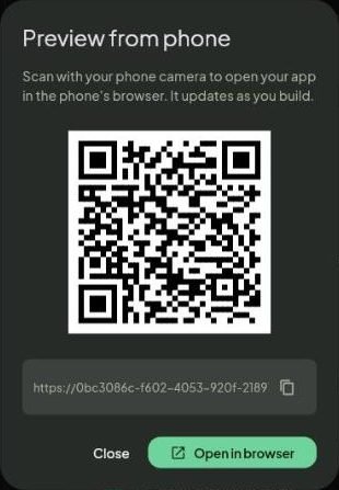 The Preview from phone dialog with a QR code, the link to the preview, and Close and Open in browser buttons.
