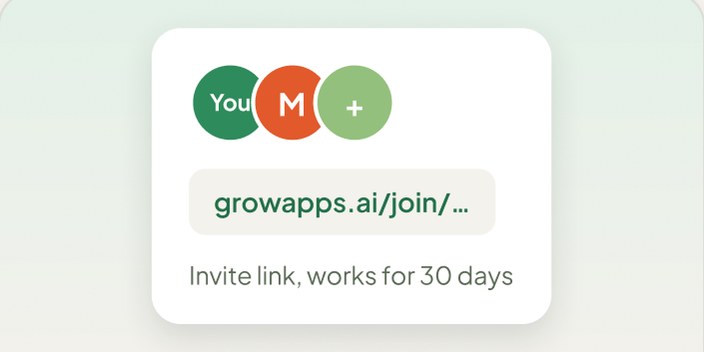 Two people in one app, joined by an invite link that works for 30 days.
