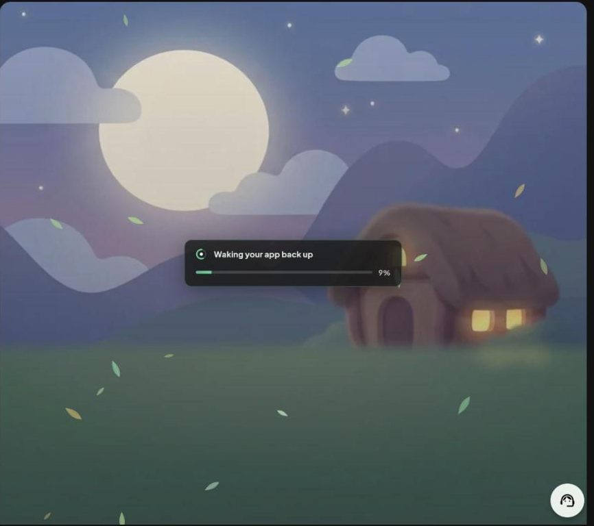 The preview area showing a night scene of a small house with a progress card that says Waking your app back up.